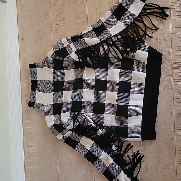 Ralph Lauren Black/Wht Checked Sweater, High Neck Under arm fringe, Med - Picture 5 of 10